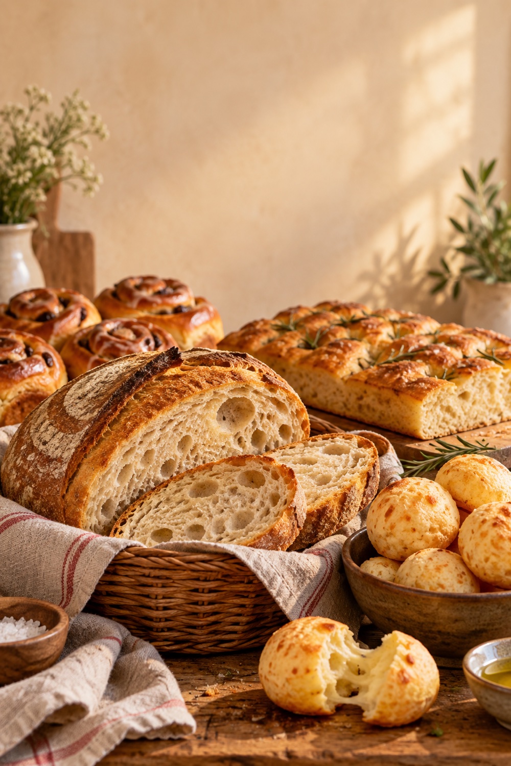 Cesta com pães caseiros dourados, focaccia, pão de forma e pães macios em mesa acolhedora